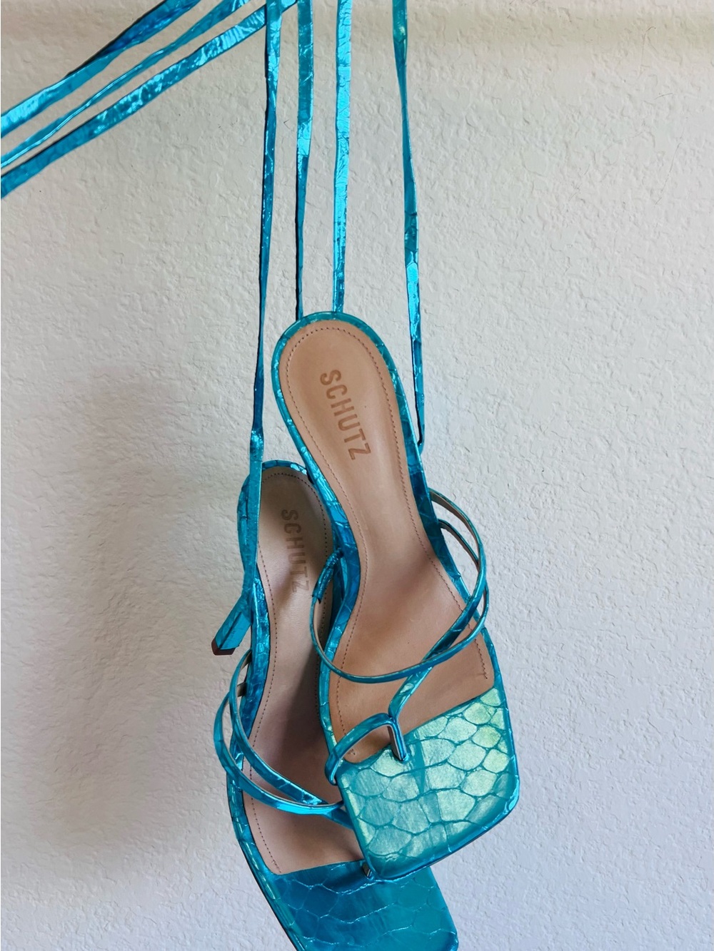 Schutz Metallic Turquoise Strappy Ankle-Tie High Heel Sandal NWT - Picture 6 of 9